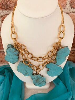 Anthropologie Fairburn Turquoise Stone Statement Necklace with Gold Chain
